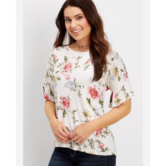 Maurices women's shirt top floral knit short lace up ruffle sleeve size medium - Picture 1 of 16
